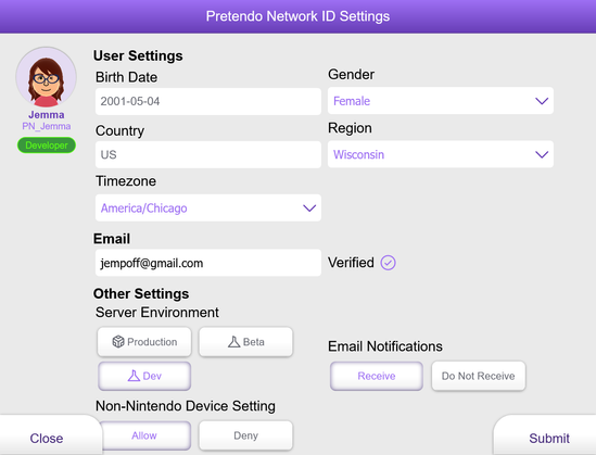 Screenshot of the Pretendo Network ID settings app on a modded Wii U