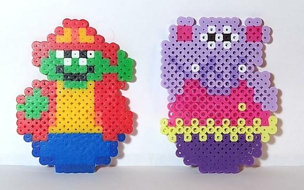 Tooey Winkington (green turtle) and Tibby Wobnobbin (lavender elephant) in fuse beads