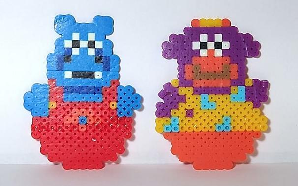 Demby Wishingwell (blue hippo) and Diddy Wishingwell (purple cow) in fuse beads