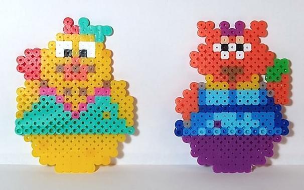 Zuzie Q. Woozie (yellow hen) and Noomie Whirligiggles (orange cat) in fuse beads