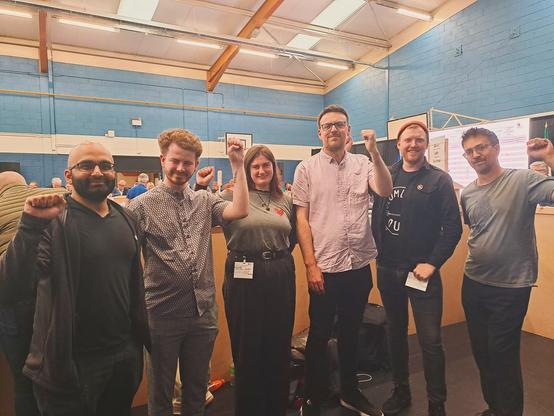 PBP candidates Denman Rooke, Adrian Curran, and Maisie McMaster with their campaign team at the Galway City elections count centre