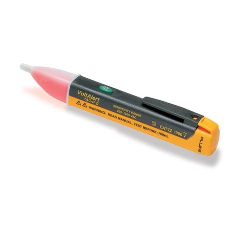 Non-contact voltage tester with a yellow and black body, a clip, and a white tip.