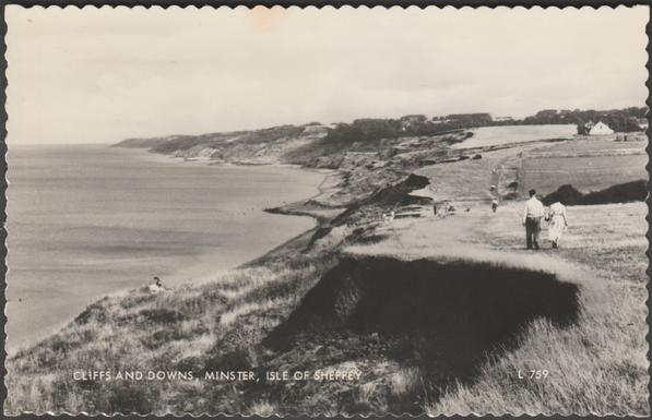 Monochrome real photographic postcard showing a view of the cliffs and downs at Minster or Minster-on-Sea on the Isle of Sheppey in Kent.
Published by Valentine & Sons Ltd, Dundee & London, No L 759, photo registered in 1955.
Postally unused.
Excellent condition, with minimal corner bumps.