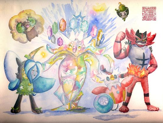 Watercolour painting of six Pokémon. In the centre is Malamar, an upside-down squid Pokémon. It is Terastalised - a crystallised-like appearance with a crown atop its head, and multi-coloured gems circling the crown.

To the left of Malamar are Whimsicott using Fake Tears and Wellspring Ogerpon using Follow Me. On the right are Sinistcha, Incineroar and Iron Bundle.