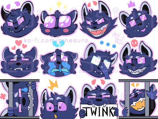 A 12 pack of emojis of a dark blue with black and white accents, bright magenta square glasses, and a hologram that floats above their head that changes shape and colour depending on their mood. There are a wide variety of expressions showcased such as excited, crying, grimace, and so on.