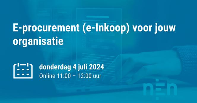Tekst "E-procurement (e-Inkoop) voor jouw organisatie." Op de achtergrond is een laptop met een hand weergegeven.