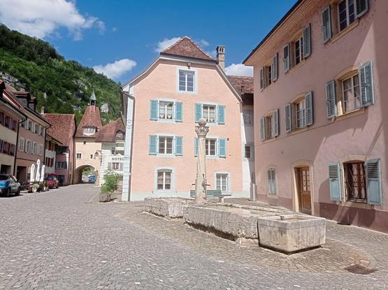En arrière plan, l'une des portes de la ville ; aux premiers plans, maisons roses à volets bleus et la fontaine du Mai.