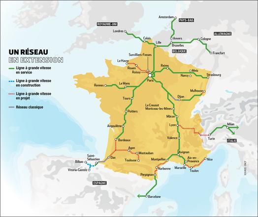 Une carte des lignes grandes vitesse en France, mais avec l'Europe qui a glissé de 40 km vers le nord
