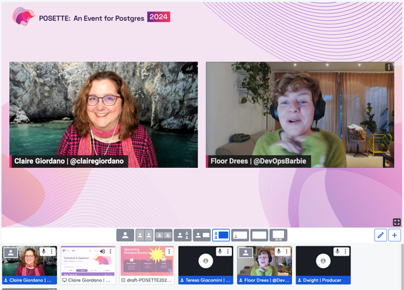 streamyard screenshot of Livestream 2 co-hosts for POSETTE, Claire Giordano & Floor Drees