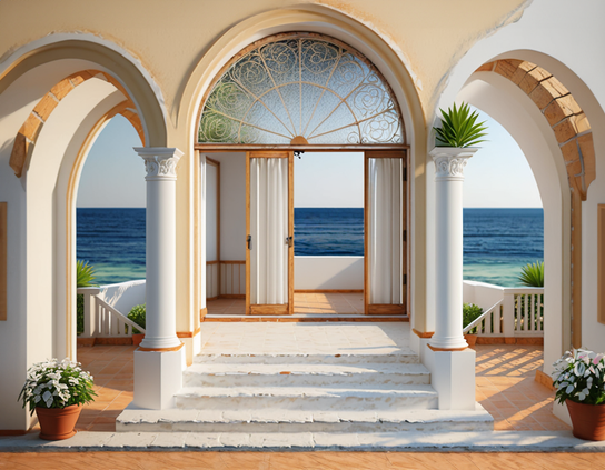 You can almost smell the ocean breeze from this Mediterranean-style patio, with archways and elegant columns, that overlooks the ocean. The stone steps and a wall are in the process of being painted white. A garden enclosed with a low whitewashed wall is visible on the beach side of the building.