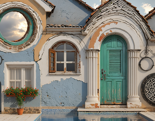 An eclectic house incorporating found objects, with cracking walls and various exposed layers of painted wood, brick, and cement. A large circular brick-bordered hole at the upper left goes entirely through the structure and shows the late afternoon sun behind a cloud.