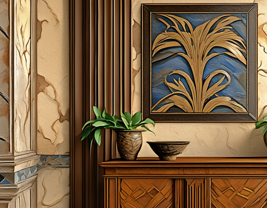 A broadleaf plant with vivid green leaves in a brown ceramic pot is the focal point of a rustic interior with carved wooden decor and an abstract blue and gold painting of dried grasses. AI impressionism style.