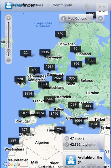 Karte von Europa bis Nord Afrika mit schwarzen Buttons die an diesem Ort versammelt haben. Jede Zahl steht für Schiffe, Schiffsdiesel. 
Stand 10.06.2024 7:02 Uhr