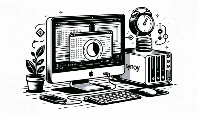 Schwarz-Weiß-Strichzeichnung eines Desktop-Computers mit Mac-OS-Interface. Ein Terminal-Fenster zeigt einen rsync-Befehl. Im Hintergrund ist ein Synology NAS zu sehen, das über ein Netzwerk verbunden ist. Zusätzliche Elemente sind ein Uhr-Symbol, das periodische Backups darstellt, und ein Sicherheits-Symbol, das die Datenintegrität repräsentiert.