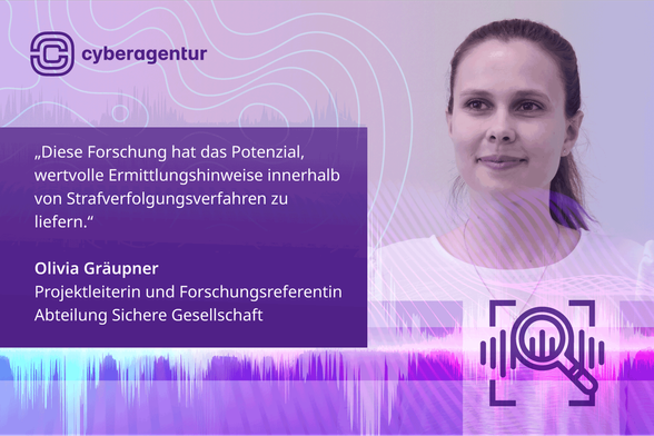 Das Bild zeigt eine digitale und futuristische Szene mit hellen Neonfarben, hauptsächlich in Blau, Pink und Violett. Im Vordergrund sind abstrakte grafische Darstellungen von Schallwellen, Datensätzen und Netzwerken zu sehen, die die Themen Datenanalyse und Technologie symbolisieren. Im Hintergrund erkennt man Silhouetten von Menschen, die anscheinend an Computern arbeiten, was auf eine Büroumgebung oder ein Datenzentrum hinweist. In der Mitte des Bildes befindet sich ein vergrößertes Lupensymbol, das ein Balkendiagramm umrahmt, und das den Fokus auf Datenanalyse und -inspektion lenkt. Das Bild hat eine energetische und dynamische Atmosphäre, die moderne Technologietrends widerspiegelt. Montage: freepik/Cyberagentur