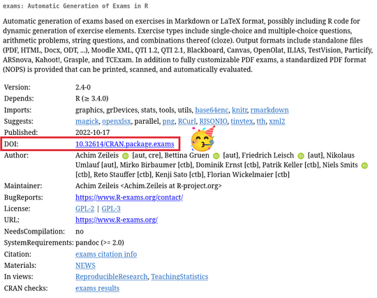 Screenshot from https://CRAN.R-project.org/package=exams - the CRAN landing page for R package "exams".

This page now includes the DOI 10.32614/CRAN.package.exams