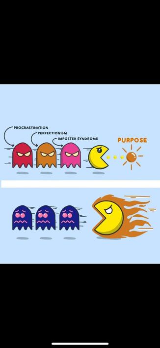 An illustration split into two sections. In the top section, three ghost-like figures chase after a Pac-Man-like character. The red ghost is labeled "PROCRASTINATION," the orange ghost is labeled "PERFECTIONISM," and the pink ghost is labeled "IMPOSTER SYNDROME." The yellow Pac-Man figure is moving towards a sun-like orb labeled "PURPOSE," and there are three small dots between Pac-Man and the orb.

In the bottom section, three dark blue ghost-like figures with sad faces are depicted. On the right side, the same Pac-Man-like character is illustrated moving quickly with flames behind it, showing increased speed and determination.
