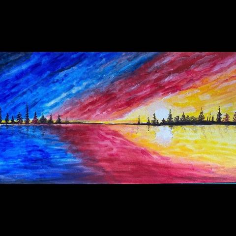 A vibrant abstract painting of a sunset over a lake, featuring a colorful sky transitioning from blue to red and yellow hues, with a tree line silhouette reflected in the water.