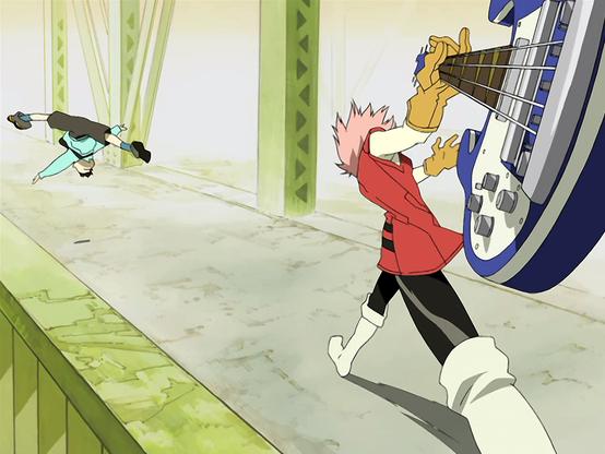 Extrait de FLCL où l'on voit Haruko envoyer valdinguer Naota d'une volée de sa guitare basse électrique Rickenbacker 4001 bleue