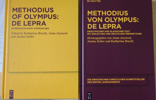 The image shows two books placed side by side. The yellow book on the left is titled "Methodius of Olympus: De lepra. Interdisciplinary Approaches, ed. by K. Bracht , A. Jouravel, J. Sieber, TU 189". The purple book on the right is titled "Methodius von Olympus: De lepra. Griechischer und slavischer Text, hg. v. A. Jouravel, J. Sieber u. K. Bracht, GCS N.F. 31". Both books are published by De Gruyter.