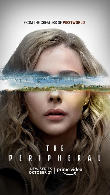 Poster for the TV series "The Peripheral" showcasing a woman's face with a futuristic scene across her eyes, and text details: "From the creators of Westworld," "The Peripheral," "New Series October 21," and "Prime Video."