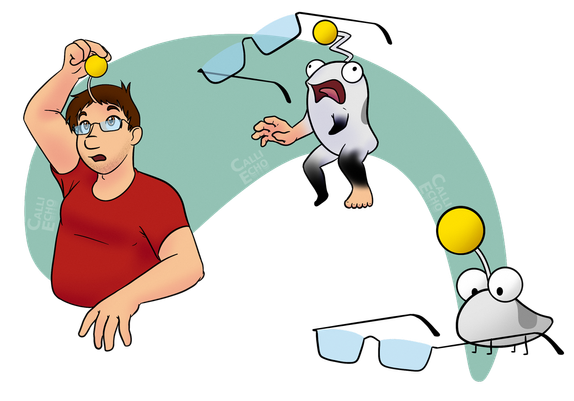 A three-panel sequence of RandomPersonIndeed becoming a Puni from Paper Mario: The Thousand-Year Door. The background is a simple, light teal color that flows across panels. In the first panel, Random is shown from the chest up. He is wearing a red t-shirt and glasses, and his hair is short and brown. He is holding a small, round, yellow orb attached as an antennae above his head with his right hand. He has a surprised expression as he looks up at the orb. The middle panel captures the transformation in process. Random is now midway through transforming into a Puni. His body is mostly gray and begins to take on a more rounded, blob-like shape. The expression is one of shock and surprise, with the mouth open wide and eyes wide. His arms are outstretched as if in a bewildered gesture. The legs are short and slightly visible. In the final panel, the transformation is complete. The character is now a fully formed Puni. It’s a simple, rounded white creature with big, bulbous eyes and a small, yellow antenna on top. The Puni's feet are bare and round.