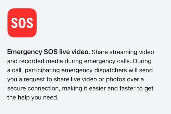 Image of a red "SOS" icon followed by text describing the "Emergency SOS live video" feature, which allows sharing of streaming and recorded media during emergency calls for faster assistance.