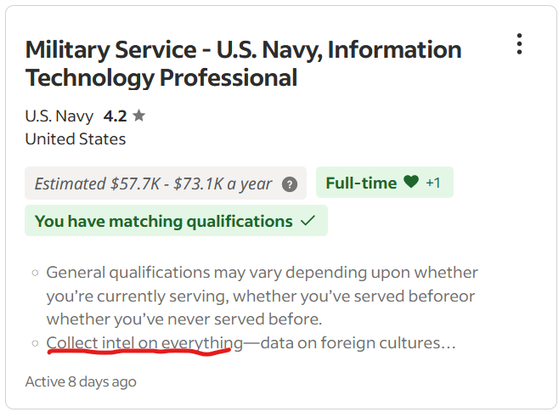 Screenshot of U.S. Navy "Information Technology Professional" lists "Collect intel on everything" as part of the job duties.