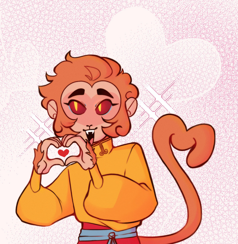 Sun Wukong is doing a heart sign with his hands while his tail takes the shape of a heart as well.