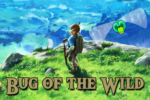 A painting of Link from Breath of the Wild standing on a cliff overlooking Hyrule, with me (a green dragonfly with blue-green eyes) in flight towards the camera in the foreground, over the title 'Bug of the Wild'.