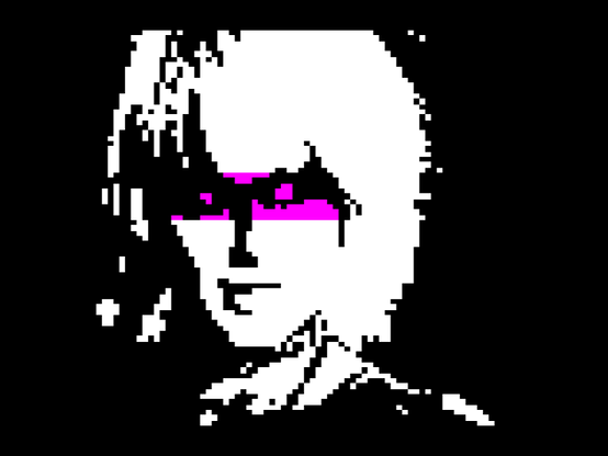 A construct in the shape of a blonde woman looks to the side, eyes tinted with a stripe of violet running across her face.