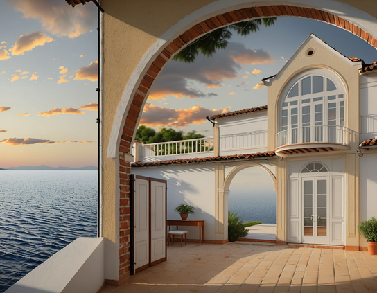 A surreal landscape of a brick archway faced with stucco, by the sea, through it is visible the facade of a spacious villa in a slightly different reality, with arched windows and doors, balconies, and an opening showing a sea view in another nested reality.