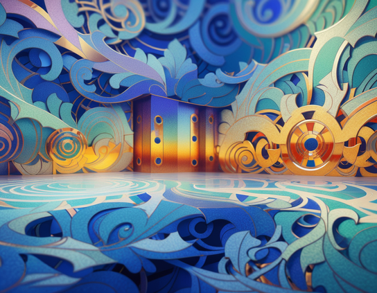 A ballroom decorated with futuristic abstract swirls of teal, blue, and gold metallic textures.