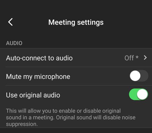 screenshot from zoom meeting strings, with the options "use original audio" and the description: "original sound will disable noise suppression"