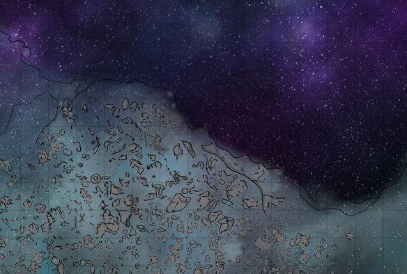 A close up of a digital map design, showing an ethereal landmass across what looks to be a sea of stars. The colour scheme is mainly purples and blues on black for the background, and white and blue with hints of brown for the foreground, which is also slightly transparent.