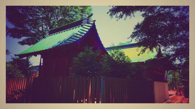 Picture taken from about the five o'clock position behind the shrine. The picture contains the rear shrine only accessible to the priests and the slightly bigger public facing one. Their rear slanted roofs are sunlit, most of the other things are in the shade. The shrine is surrounded by a few trees. I've layered the original image to add some color to the image and added a brownish frame.