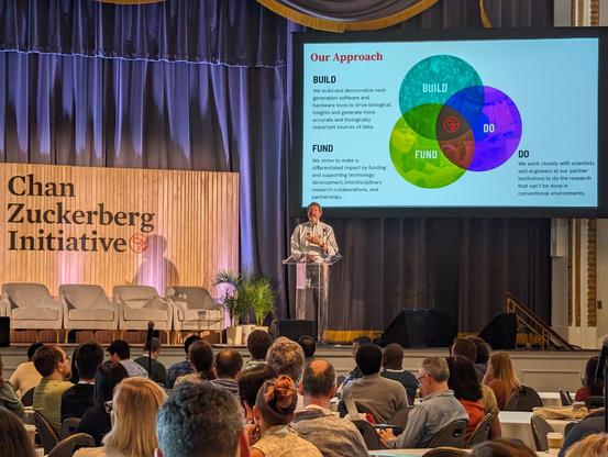 A man on a stage in front of an audience. In the background is a sign that reads Chan Zuckerberg Initiative and a screen with three circles and that reads "Our approach" "Build" "Fund" and "Do".