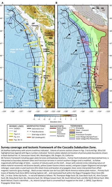 maps - survey results - Survey coverage and tectonic framework of the Cascadia Subduction Zone