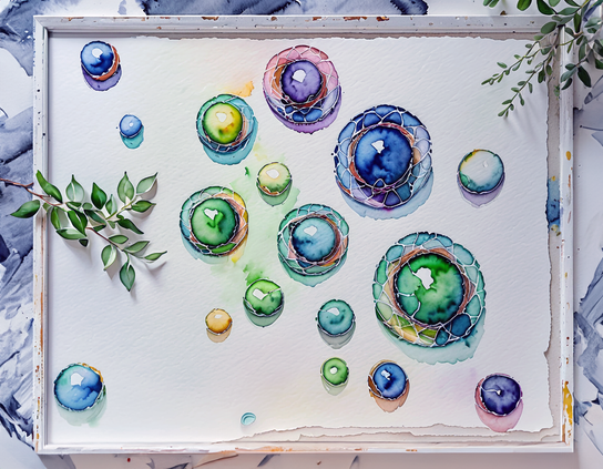 Chipped white wooden tray seen from above, lined with white textured paper with torn edges, holding colorful spheres, circular patterns, and botanical elements with green leaves.  Watercolor style.