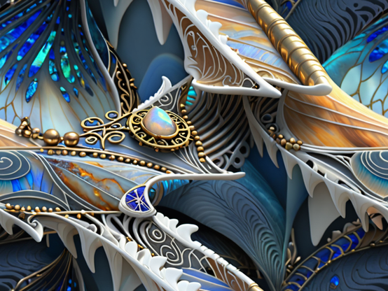 Abstract 3d design in mainly blue, white, and gold, with intricate metallic and semi-precious elements and a teardrop opal as a focal point. Macro photography style.