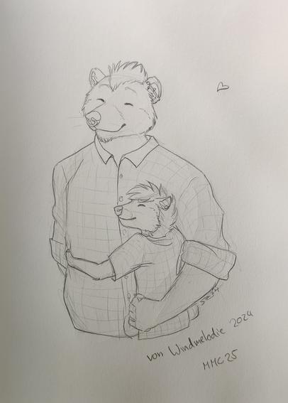 A big anthro bear getting hugged by a smaller tasmanian devil anthro. Both look very happy.