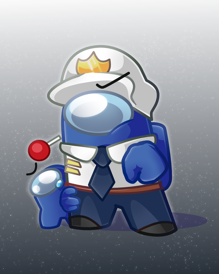Among us bean with a pilot skin, and a smaller among us bean of the same colot (his child) hiding behind his leg