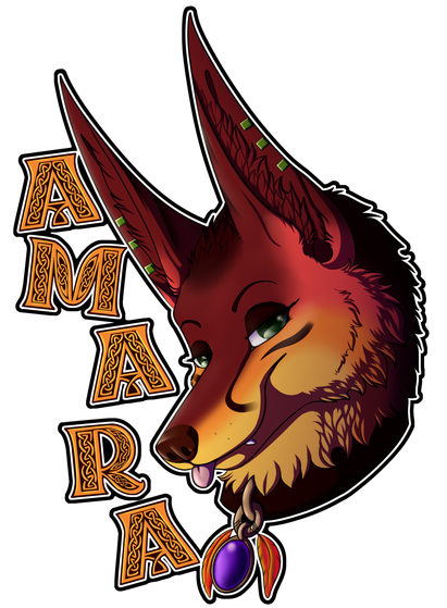 A headshot of Amara with a blep. Amara's name is spelled out in a font filled with celtic knots. The picture was designed for use a physical con badge.