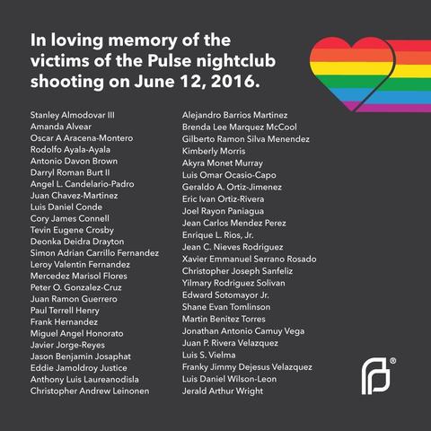 In loving memory of the victims of the Pulse nightclub shooting on June 12, 2016.

Stanley Almodovar III
Amanda Alvear
Oscar A Aracena-Montero
Rodolfo Ayala-Ayala
Antonio Davon Brown
Darryl Roman Burt Il
Angel L. Candelario-Padro
Juan Chavez-Martinez
Luis Daniel Conde
Cory James Connell
Tevin Eugene Crosby
Deonka Deidra Drayton
Simon Adrian Carrillo Fernandez
Leroy Valentin Fernandez
Mercedez Marisol Flores
Peter O. Gonzalez-Cruz
Juan Ramon Guerrero
Paul Terrell Henry
Frank Hernandez
Miguel Angel Honorato
Javier Jorge-Reyes
Jason Benjamin Josaphat
Eddie Jamoldroy Justice
Anthony Luis Laureanodisla
Christopher Andrew Leinonen
Alejandro Barrios Martinez
Brenda Lee Marquez McCool
Gilberto Ramon Silva Menendez
Kimberly Morris
Akyra Monet Murray
Luis Omar Ocasio-Capo
Geraldo A. Ortiz-Jimenez
Eric Ivan Ortiz-Rivera
Joel Rayon Paniagua
Jean Carlos Mendez Perez
Enrique L. Rios, Jr.
Jean C. Nieves Rodriguez
Xavier Emmanuel Serrano Rosado
Christopher Joseph Sanfeliz
Yilmary Rodriguez Solivan
Edward Sotomayor Jr.
Shane Evan Tomlinson
Martin Benitez Torres
Jonathan Antonio Camuy Vega
Juan P. Rivera Velazquez
Luis S. Vielma
Franky Jimmy Dejesus Velazquez
Luis Daniel Wilson-Leon
Jerald Arthur Wright
