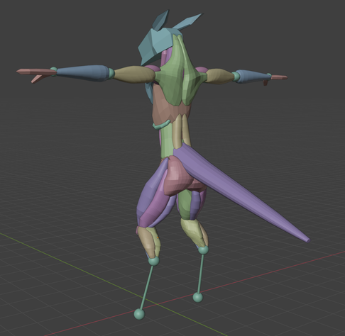 The same screenshot from a 3D modeling software with the same character made of colored shapes, but facing 2/3 view away from the camera.