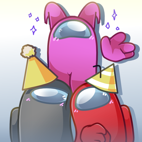 three among us beans; flint, color gray with a yellow hat; red, with a withe hat that has yellow stripes; and pink, who waves to the "camera" and has too ram horns