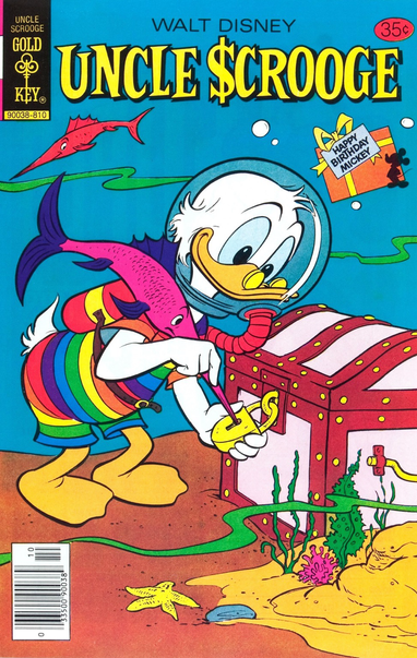 Scrooge McDuck wears a rainbow colored outfit with a diving mask. He’s unlocking a treasure chest under the ocean.