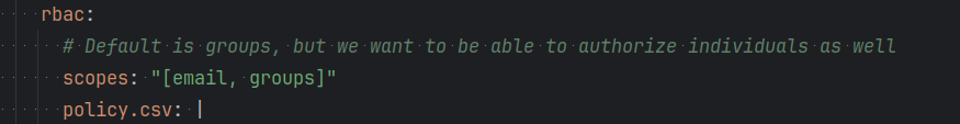 Screenshot of Argo CD helm chart values.yaml showing rbac.scopes: "[email, group]" bellow a comment "Default is group, but we want to be able to authorize individuals as well"