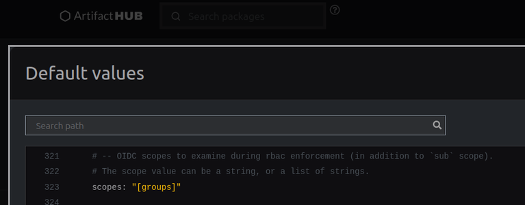 Screenshot of artifact hub showing the default values of Argo CD helm chart with scopes: "[groups]".