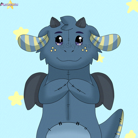 A drawing of a dark blue plush dragon, smiling.

Light blue background with yellow stars.